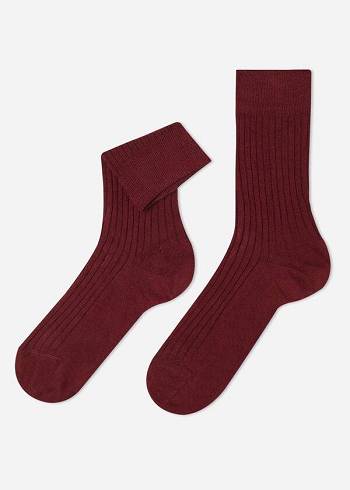 Men's Calzedonia Ribbed Cashmere Short Crew Socks Burgundy | IE2848RW