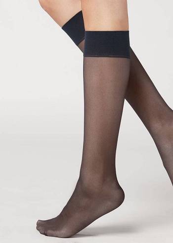 Women's Calzedonia 20 Denier Comfort Cuff Knee-Highs Long Socks Blue | IE2224JJ