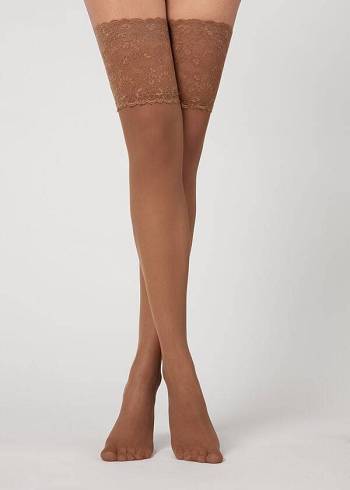 Women's Calzedonia 20 Denier Opaque Thigh-Highs Stockings Khaki | IE1239ZG