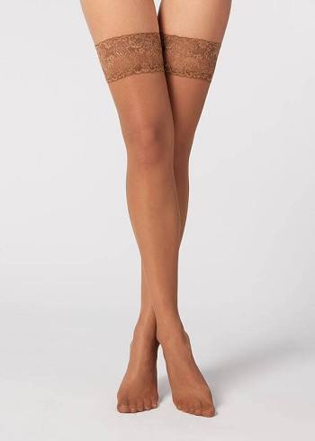 Women's Calzedonia 20 Denier Sheer Thigh-Highs Stockings Brown | IE1247WY