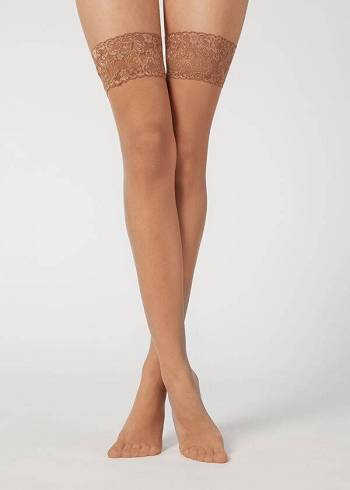 Women's Calzedonia 20 Denier Sheer Thigh-Highs Stockings Khaki | IE1249RW