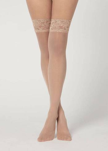 Women's Calzedonia 20 Denier Sheer Thigh-Highs Stockings Beige | IE1251YU