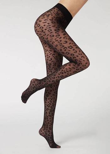 Women's Calzedonia Animal Pattern 30 Denier Sheer Sexy Patterned Tights Black | IE1085CE