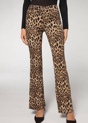 Women's Calzedonia Animal Print Flared Jeans Brown | IE2561NB