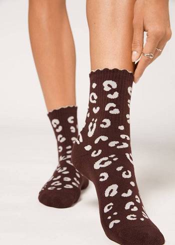 Women's Calzedonia Animal Print Ribbed Short Socks Brown | IE2333LH