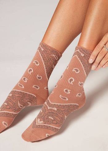 Women's Calzedonia Bandana Pattern Short Socks Beige | IE2348RW