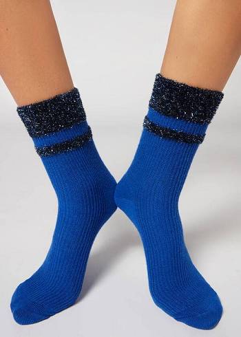 Women's Calzedonia Cashmere with Glitter Trim Short Socks Blue | IE2355VD