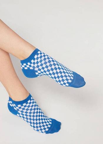 Women's Calzedonia Checkered No-show Socks Blue | IE2268OR