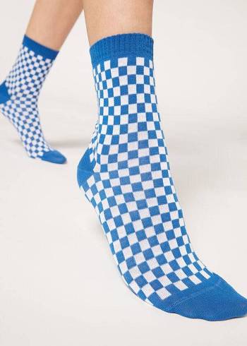 Women's Calzedonia Checkered Pattern Short Socks Blue | IE2365DN