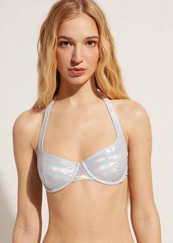 Women's Calzedonia Coated-Effect Balconette Daytona Bikini Tops Silver | IE1699SO