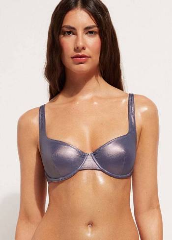 Women's Calzedonia Coated-Effect Balconette Daytona Bikini Tops Blue | IE1700DN