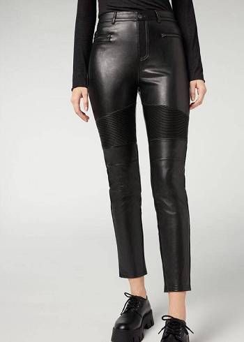 Women's Calzedonia Coated Thermal Skinny Biker Leggings Black | IE2632UT