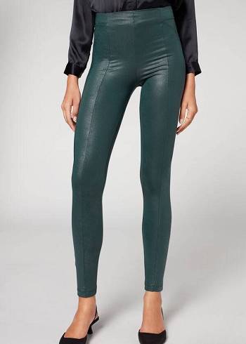 Women's Calzedonia Coated Total Shaper Biker Leggings Green | IE2633YU