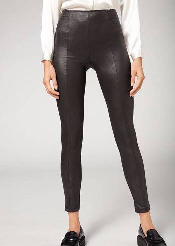 Women's Calzedonia Coated Total Shaper Biker Leggings Black | IE2634TV