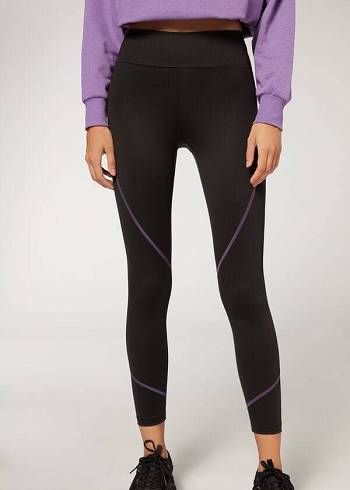 Women's Calzedonia Contrast Seam Performance Athletic Leggings Black / Purple | IE2635RW