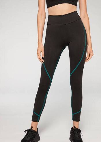 Women's Calzedonia Contrast Seam Performance Athletic Leggings Black / Green | IE2636EX