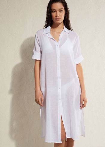 Women's Calzedonia Cotton Maxi Shirt Cover Ups White | IE2070LH