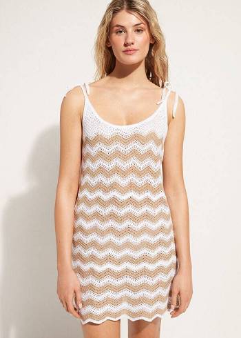 Women's Calzedonia Crochet Dress with Chevron Motif Cover Ups White / Beige | IE2072XF