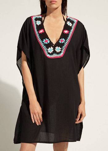 Women's Calzedonia Crochet Neckline Kaftan Cover Ups Black | IE2074VD