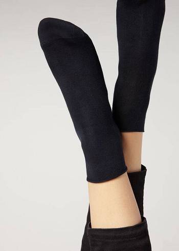 Women's Calzedonia Cuffless in Cotton Short Socks Navy | IE2388HK