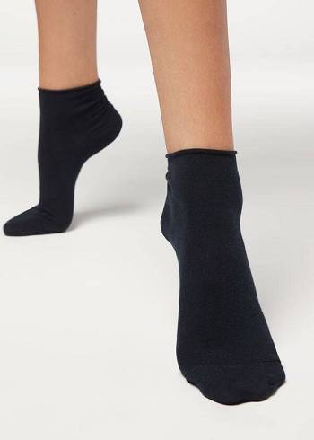 Women's Calzedonia Cuffless in Cotton Short Socks Blue | IE2390FM