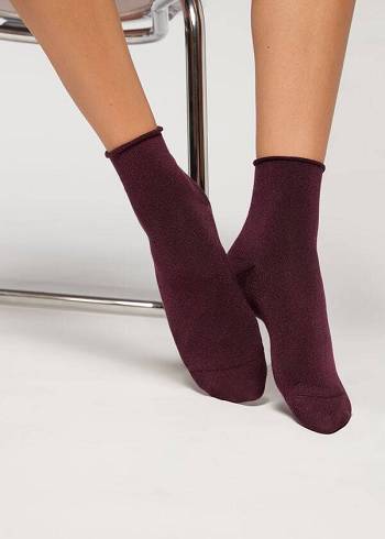 Women's Calzedonia Cuffless with Glitter Short Socks Burgundy | IE2400RW