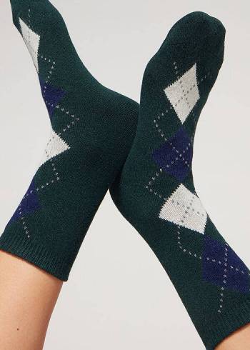 Women's Calzedonia Diamond-Pattern Cashmere Short Socks Olive | IE2406BC