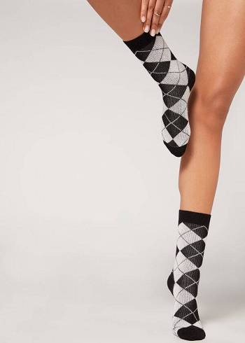 Women's Calzedonia Diamond-Pattern Cashmere Short Socks Black / White | IE2407VD