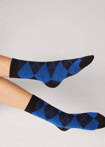 Women's Calzedonia Diamond-Pattern Cashmere Short Socks Black / Blue | IE2410ZG