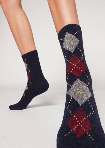 Women's Calzedonia Diamond-Pattern Cashmere Short Socks Blue / Red | IE2412KI