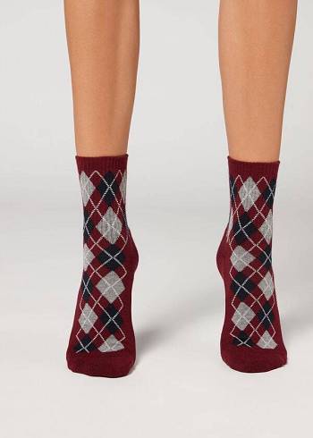 Women's Calzedonia Diamond Pattern Ribbed Sport Short Socks Burgundy | IE2404MA