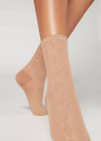 Women's Calzedonia Diamond-Pattern Wool Short Socks Brown | IE2418SO