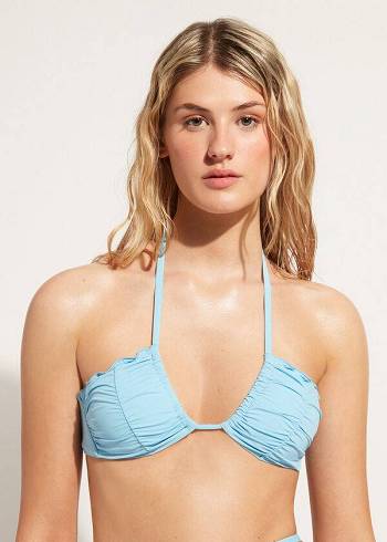 Women's Calzedonia Drawstring Bandeau Islamorada Bikini Tops Blue | IE1711BC