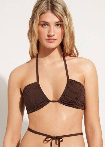 Women's Calzedonia Drawstring Bandeau Islamorada Bikini Tops Coffee Brown | IE1712NB