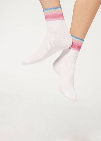 Women's Calzedonia Faded Striped with Glitter Short Socks White | IE2431NB