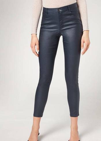 Women's Calzedonia Faux Leather Skinny Jeans Navy / Blue | IE2591XF