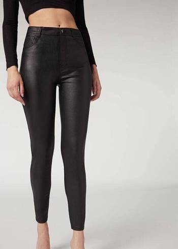 Women's Calzedonia Faux Leather Skinny Jeans Black | IE2592ZG