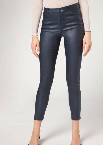 Women's Calzedonia Faux Leather Skinny Leggings Navy | IE2644DN