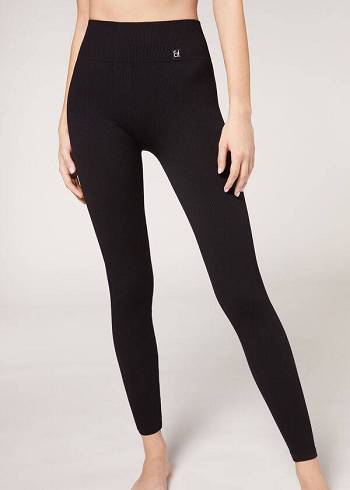 Women's Calzedonia Fine Ribbed Seamless Sport Leggings Black | IE2645SO