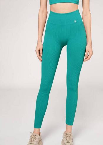 Women's Calzedonia Fine Ribbed Seamless Sport Leggings Turquoise | IE2646AP