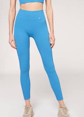 Women's Calzedonia Fine Ribbed Seamless Sport Leggings Blue | IE2647PQ