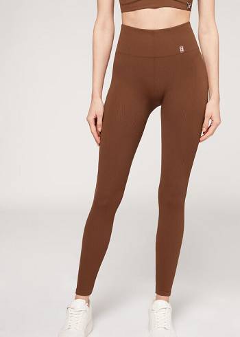 Women's Calzedonia Fine Ribbed Seamless Sport Leggings Brown | IE2649IS