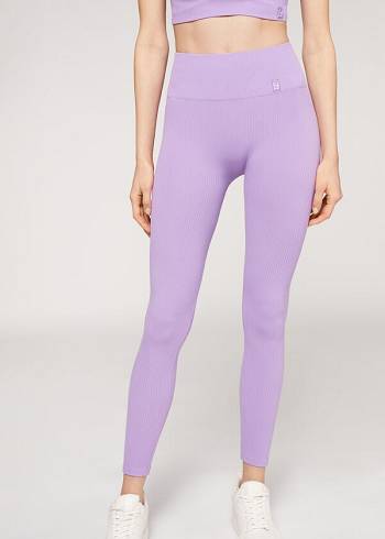 Women's Calzedonia Fine Ribbed Seamless Sport Leggings Purple | IE2650UT