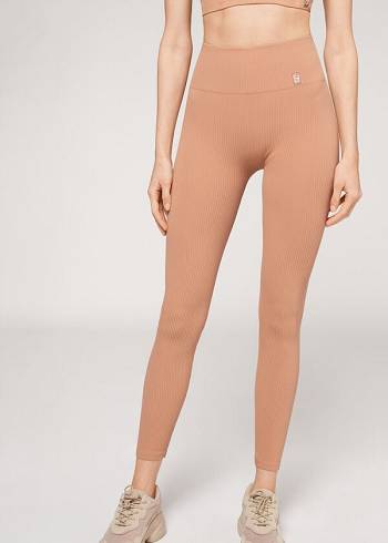 Women's Calzedonia Fine Ribbed Seamless Sport Leggings Beige | IE2651YU