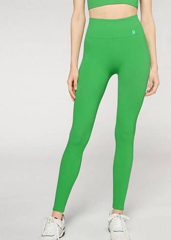 Women's Calzedonia Fine Ribbed Seamless Sport Leggings Green | IE2652TV