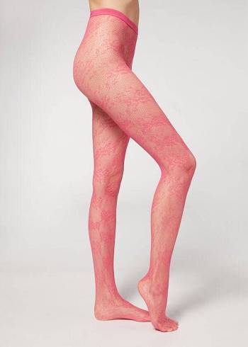 Women's Calzedonia Floral Lace-Motif Fishnet Patterned Tights Pink | IE1100AP