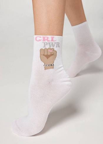 Women's Calzedonia Girl Power Print Short Socks White | IE2435XF