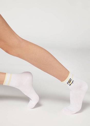 Women's Calzedonia Girl Power Print Short Socks White / Yellow | IE2438KI