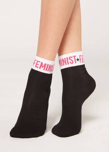 Women's Calzedonia Girl Power Print Short Socks Black | IE2439JJ