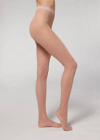 Women's Calzedonia Glitter Chevron-Motif Micronet Patterned Tights Pink | IE1106JJ